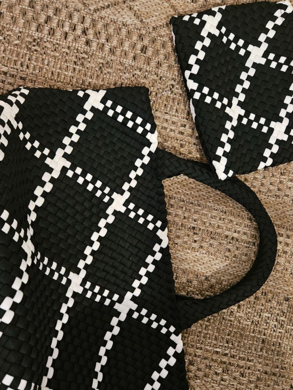 Black & White Woven Tote Bag - Stylish Grid Pattern